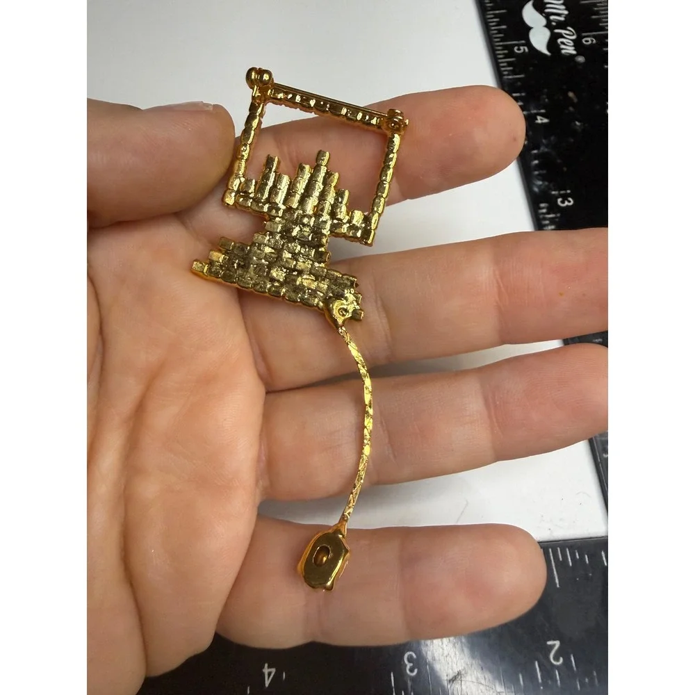 Gold Tone Rhinestone Computer Monitor Brooch City Skyline Crystal Dangle Pin